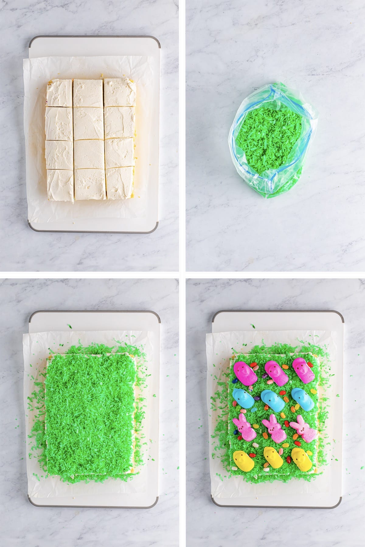 Overhead collage of images showing how to decorate easter cookie bars on a grey marble table top