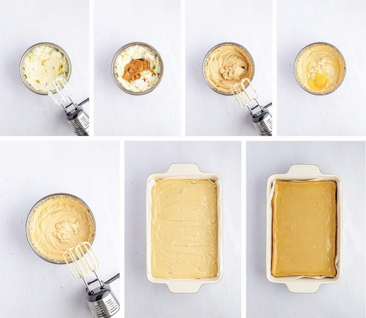 Overhead collage of images showing how to make the filling for Biscoff Cheesecake Bars on a white table top