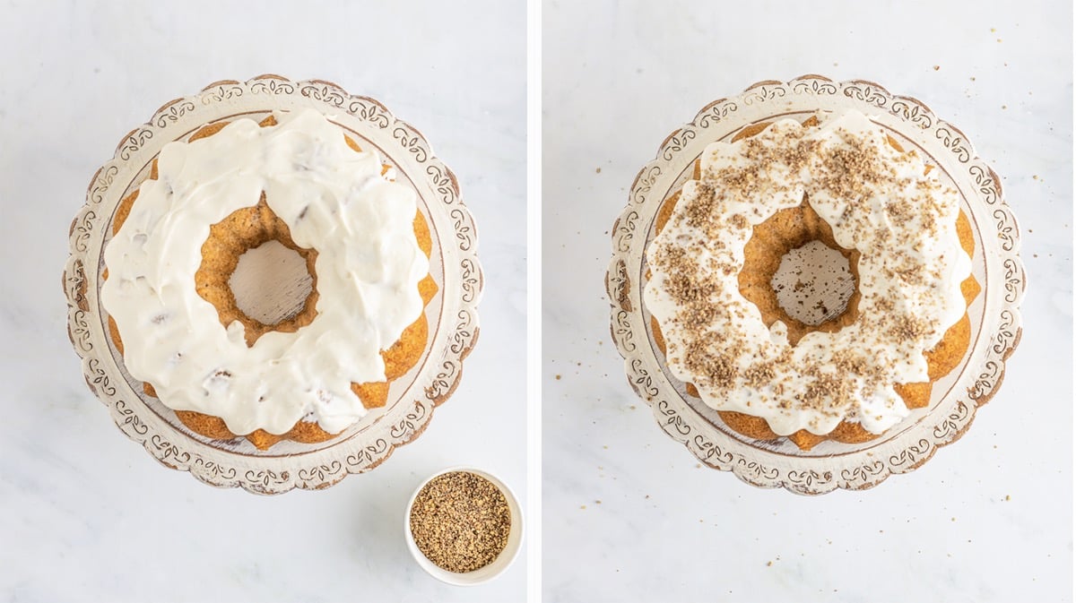 Overhead collage of images showing how to frost and finish carrot cake bundt cake on a white table top.