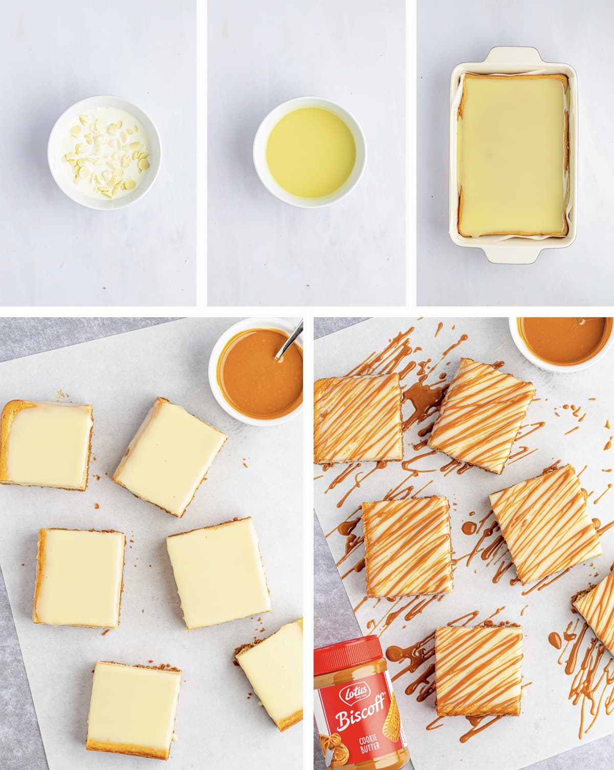 Overhead images showing how to make the white chocolate ganache and final preparations for Biscoff Cheesecake Bars on a white table top