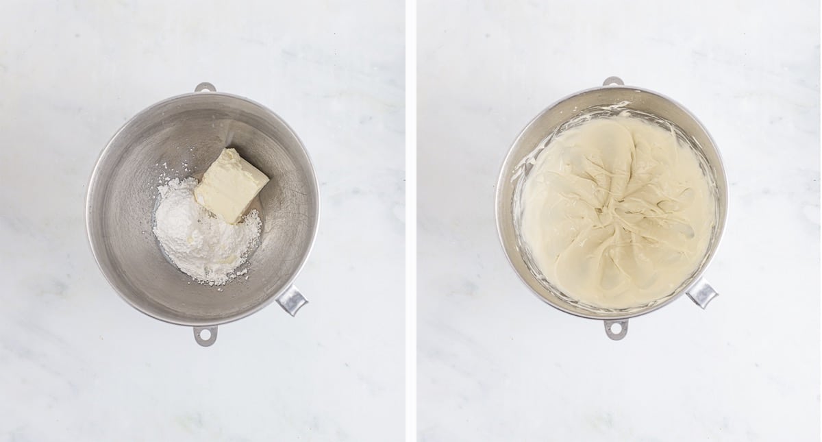 Overhead collage of images showing how to make the frosting for carrot bundt cake on a white table top