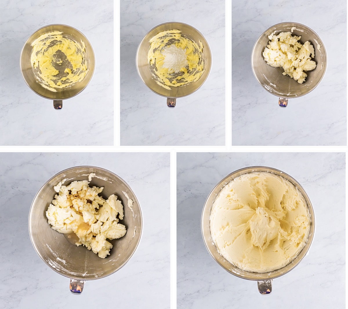 Overhead collage of images showing how to make the coconut frosting for easter cookie bars on a grey marble table top