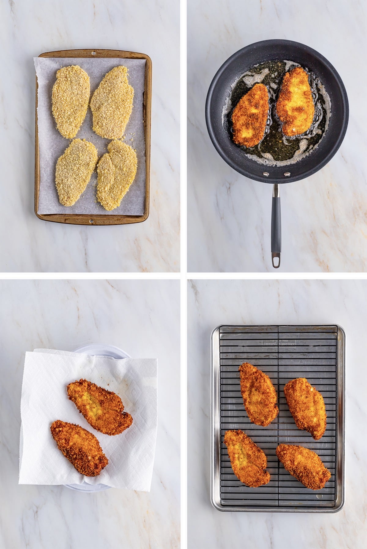 Collage of overhead shots showing how to make Chicken Parmesan Subs Recipe the step of frying chicken, on a tan marble table top