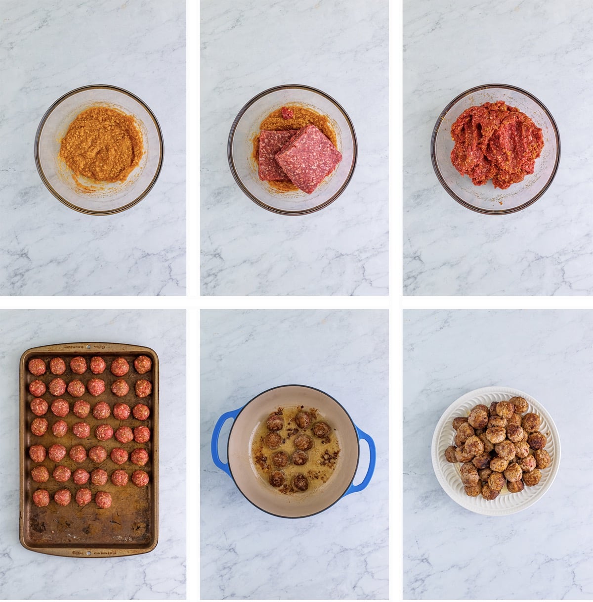 Overhead collage of images showing how to make the meatballs for Meatballs and Gravy on a grey marble tabletop.