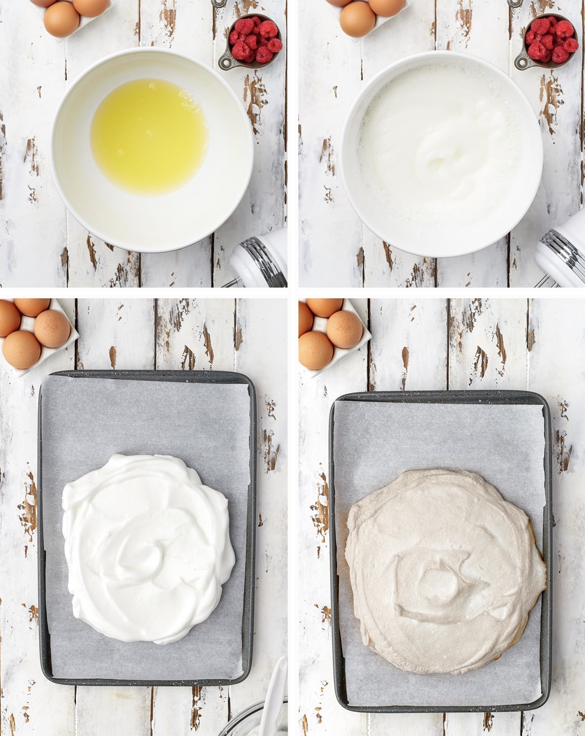 Overhead collage of images showing how to make the meringue for berry pavlova on a white wooden table top