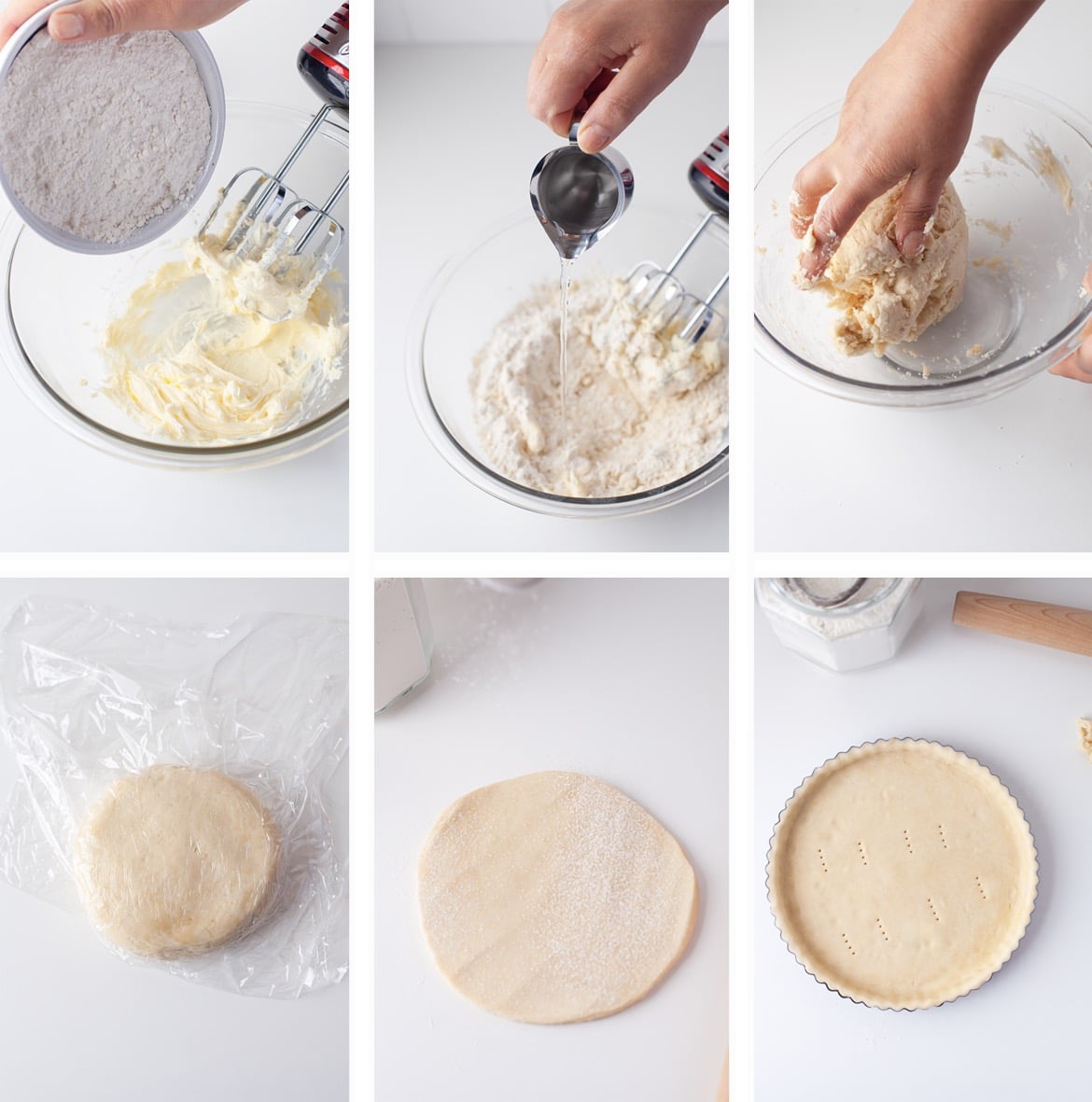 Step by step photos showing how to make the tart dough for Raspberry Tart on a white countertop