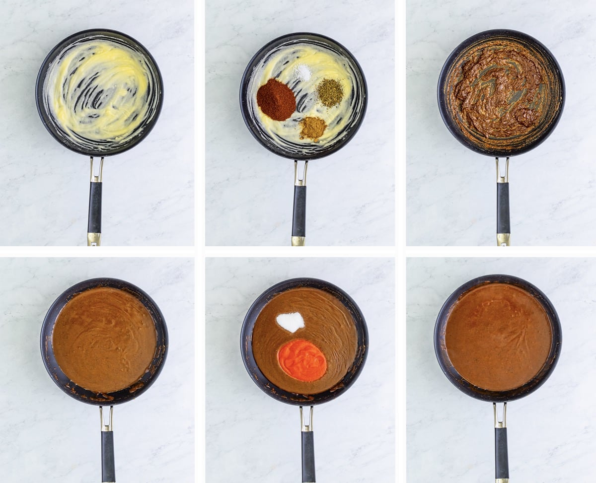 overhead collage of images showing how to make the enchilada sauce for wet burrito recipe on grey marble table top