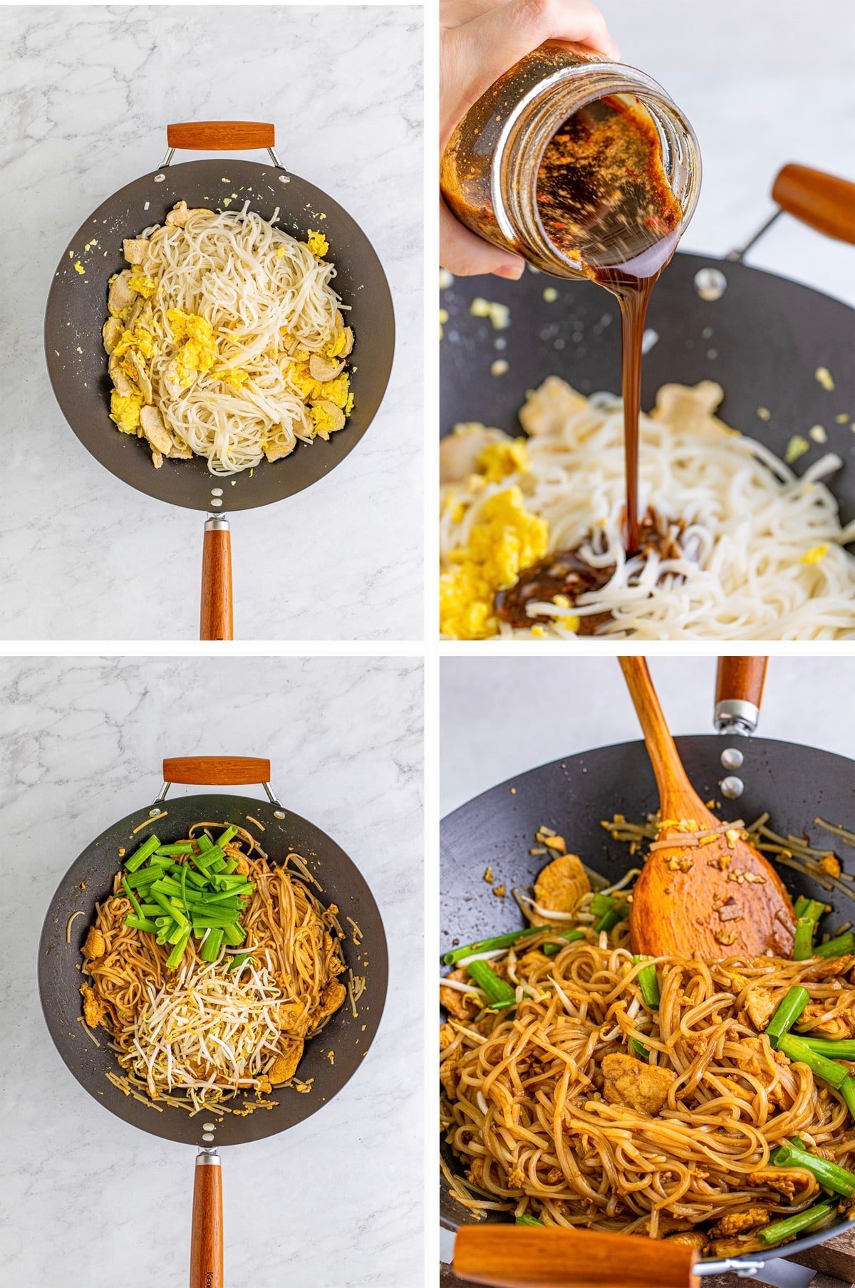 Collage of images showing the last steps of how to make spicy pad thai recipe