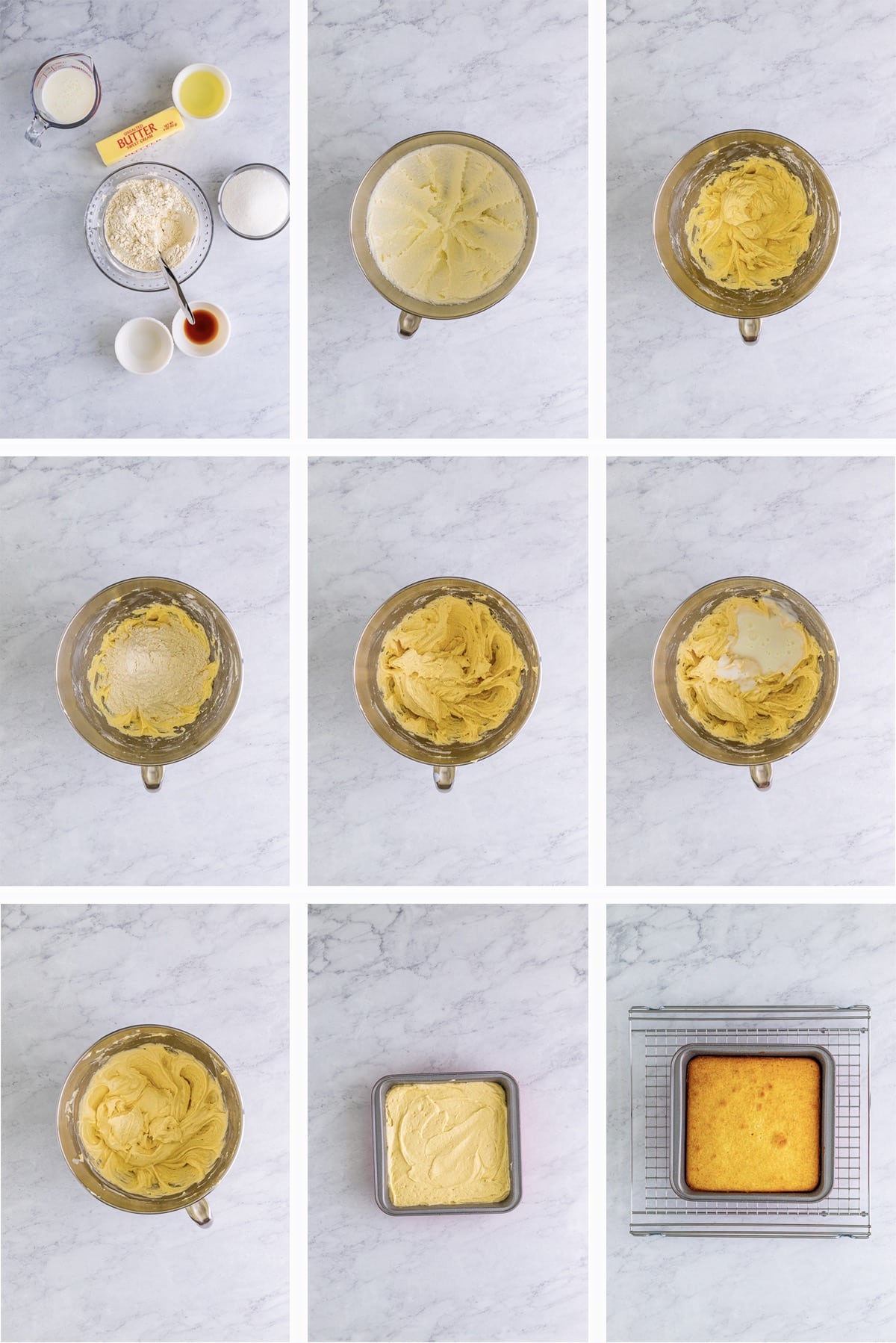 Overhead collage of images on how to make the cake for almond torte cake recipe on a grey marble table top