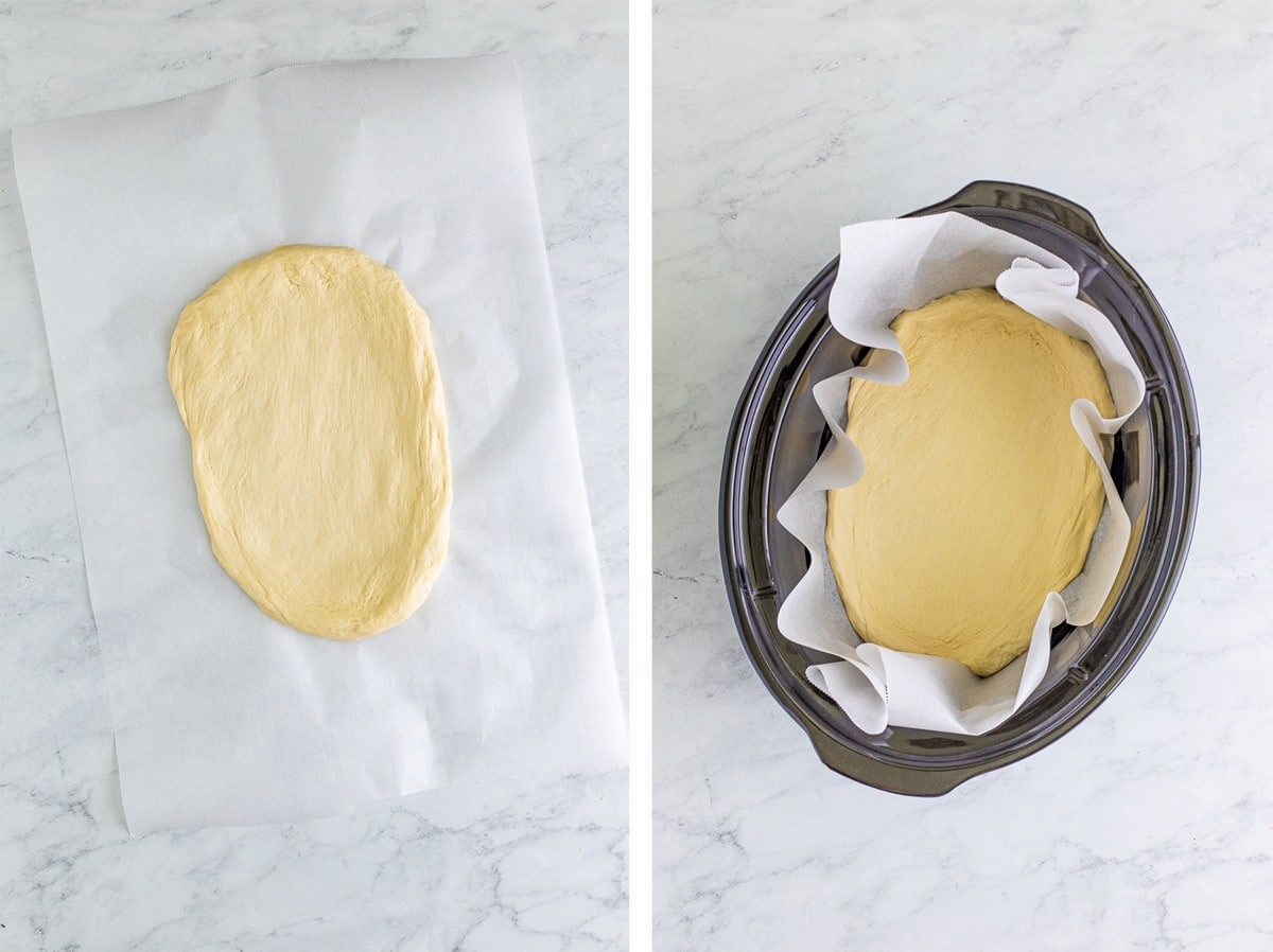 Collage of images showing how to prepare the pizza dough for slow cooker deep-dish pizza