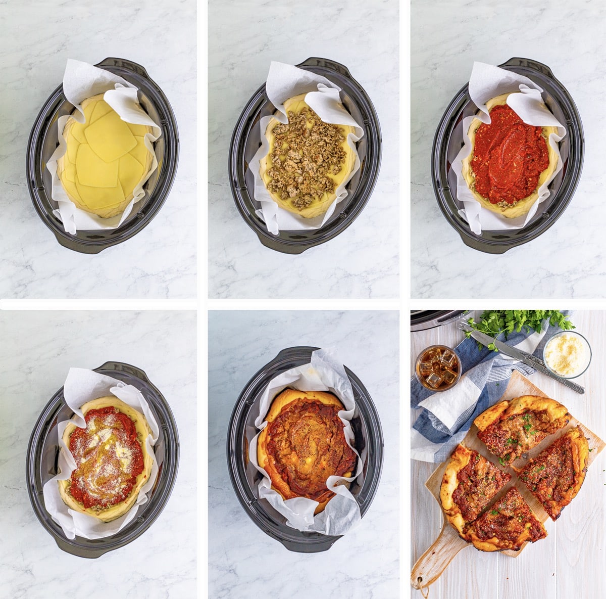 Overhead collage of images on how to assemble slow cooker deep-dish pizza