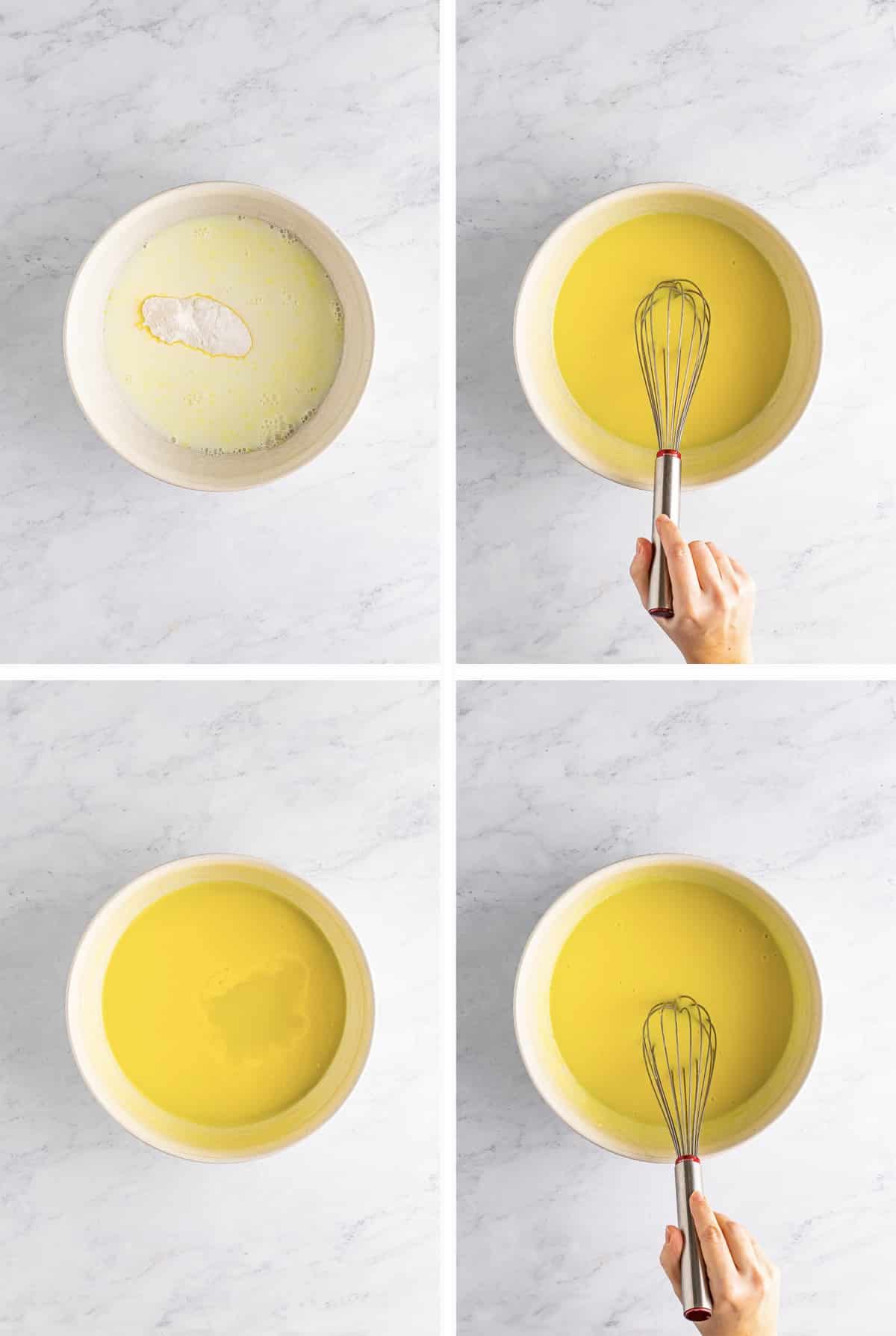 Overhead collage of images showing first steps on how to make lemon pudding shots