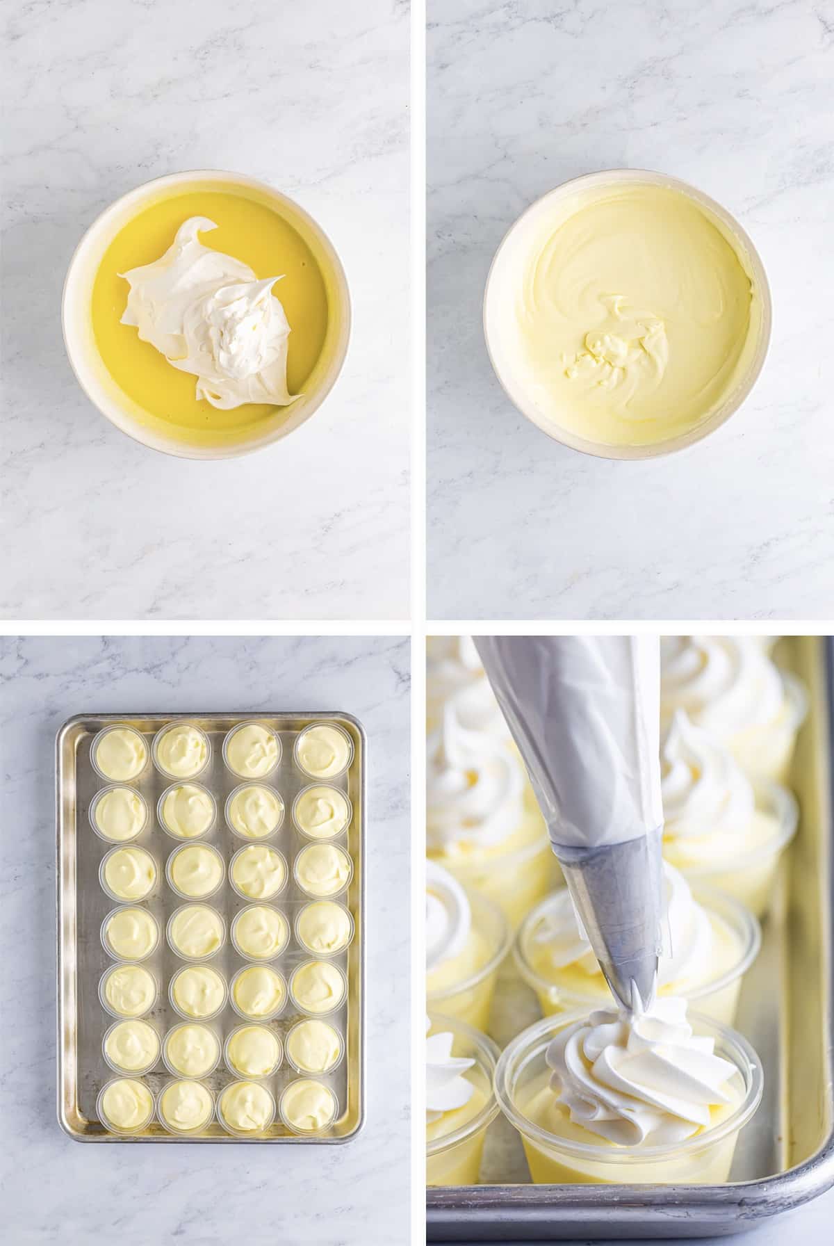 Collage of images showing the final steps on how to make lemon pudding shots