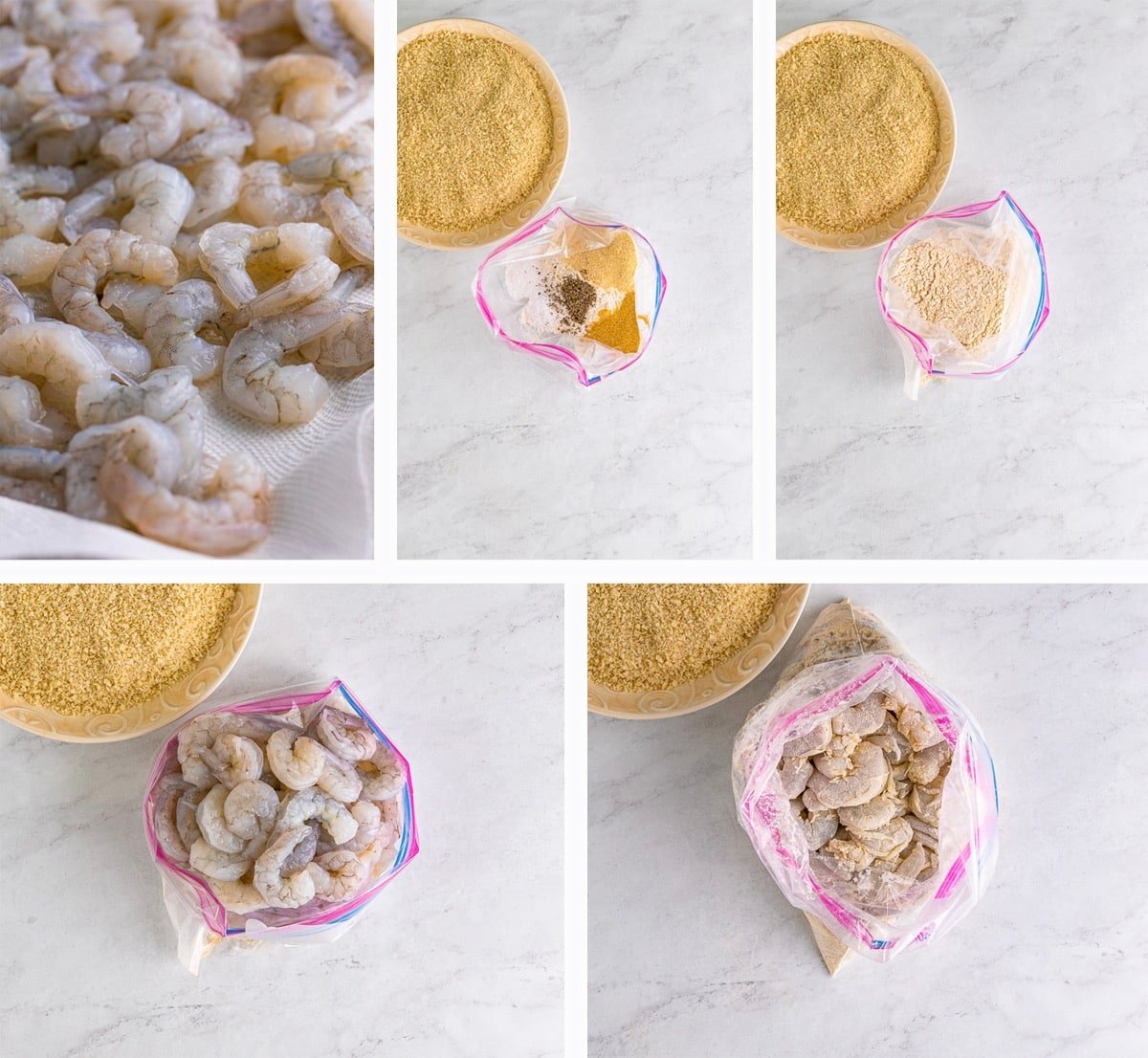 Collage of images showing how to make the flour mixture for panko shrimp recipe