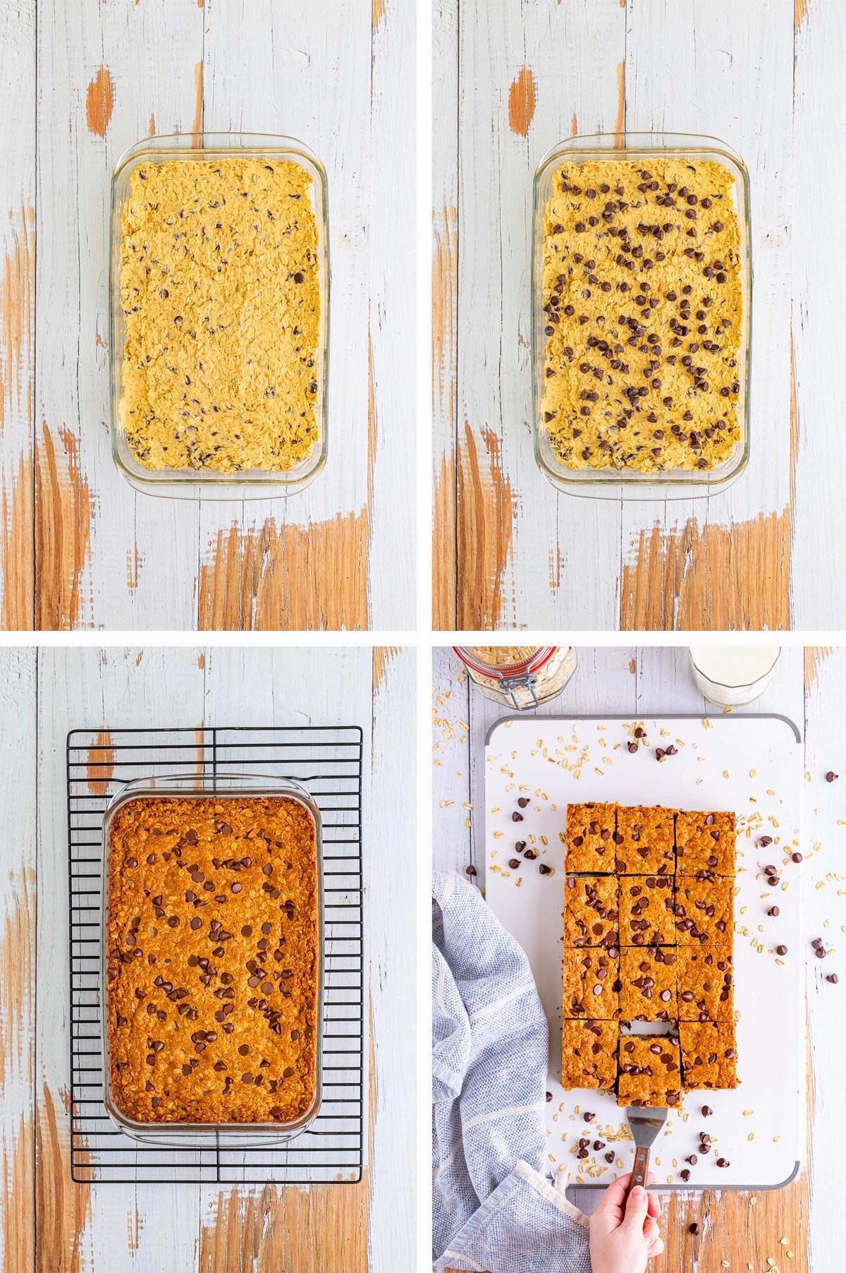 Overhead collage of images showing how to bake oatmeal chocolate chip cookie bars