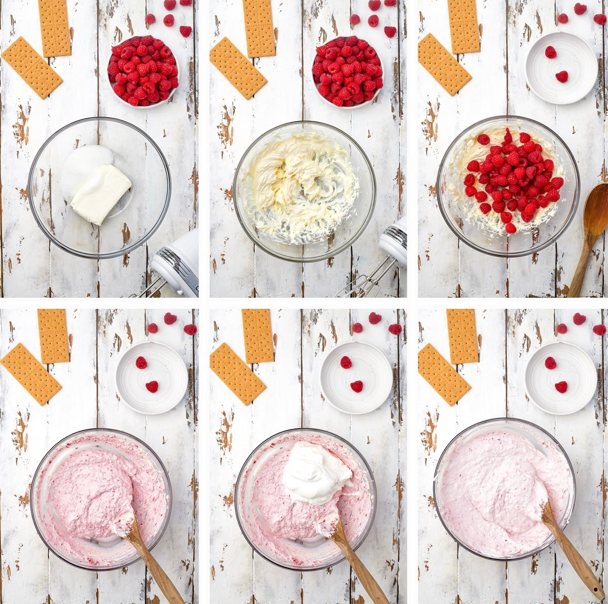 Overhead collage of images showing how to make the filling for no bake cheesecake bites