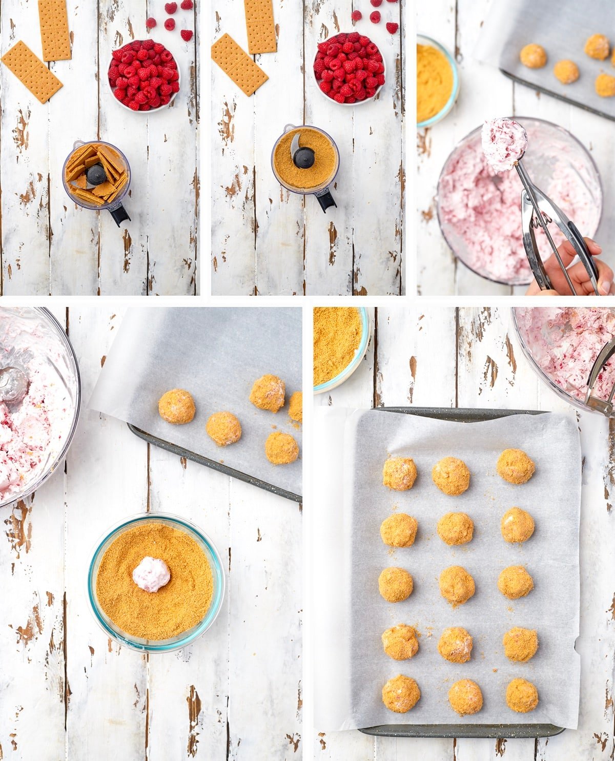 Overhead collage of images showing how to assemble no bake cheesecake bites