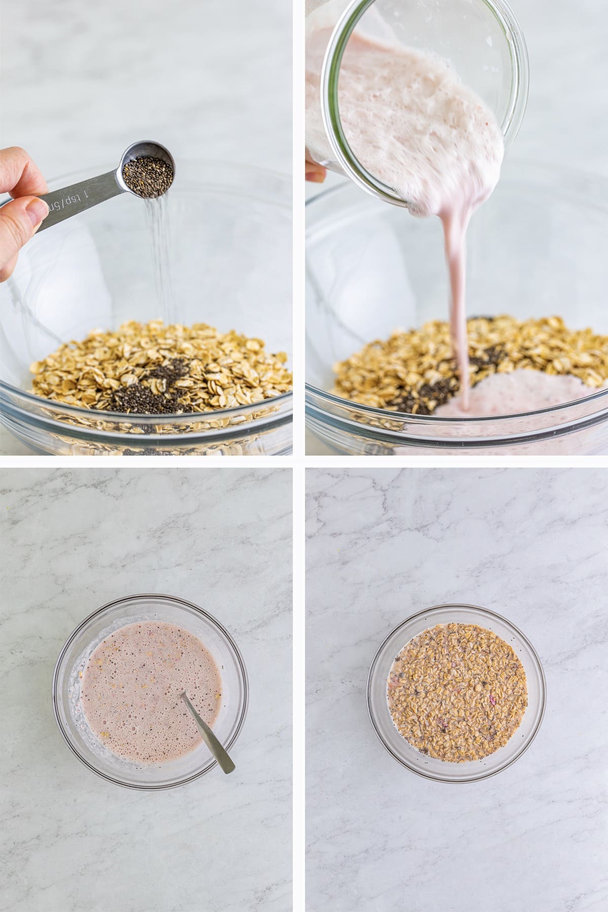 Collage of images showing how to make strawberry overnight oats