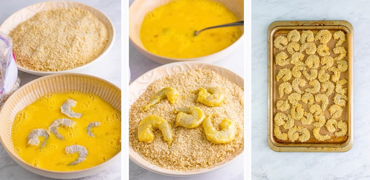 Collage of images showing how to dredge panko shrimp recipe