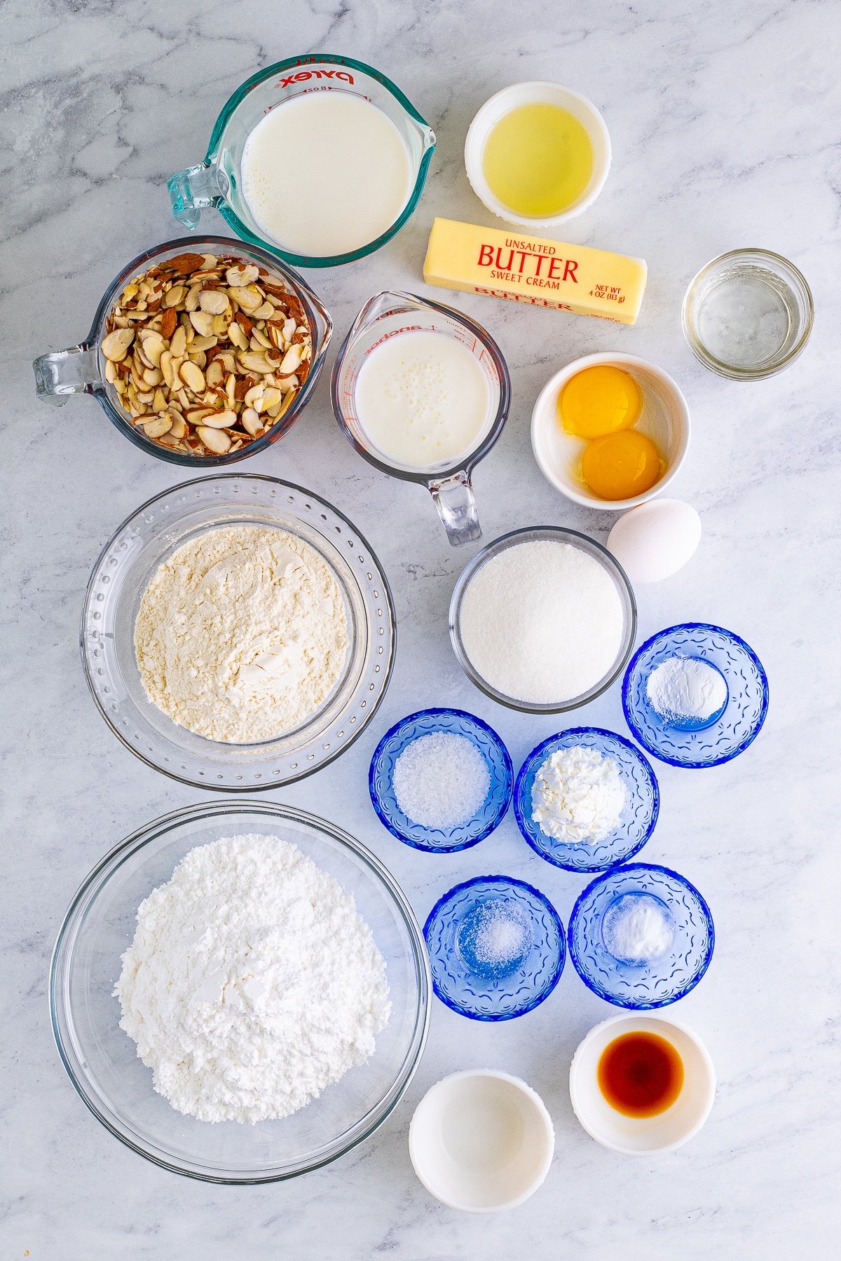 Overhead image of ingredients needed to make almond torte cake recipe