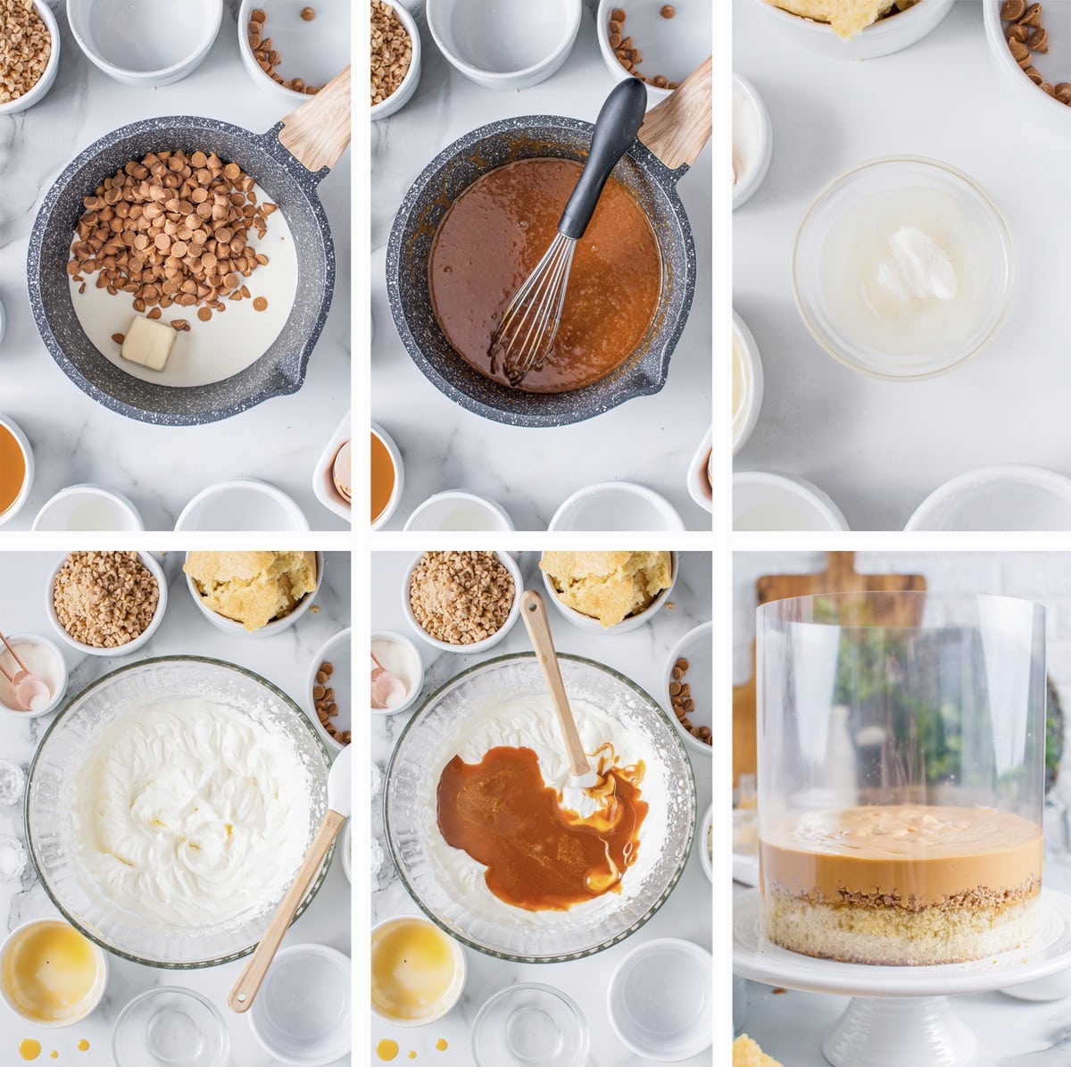 Collage of images showing how to make the butterscotch mousse layer of white chocolate mousse cake