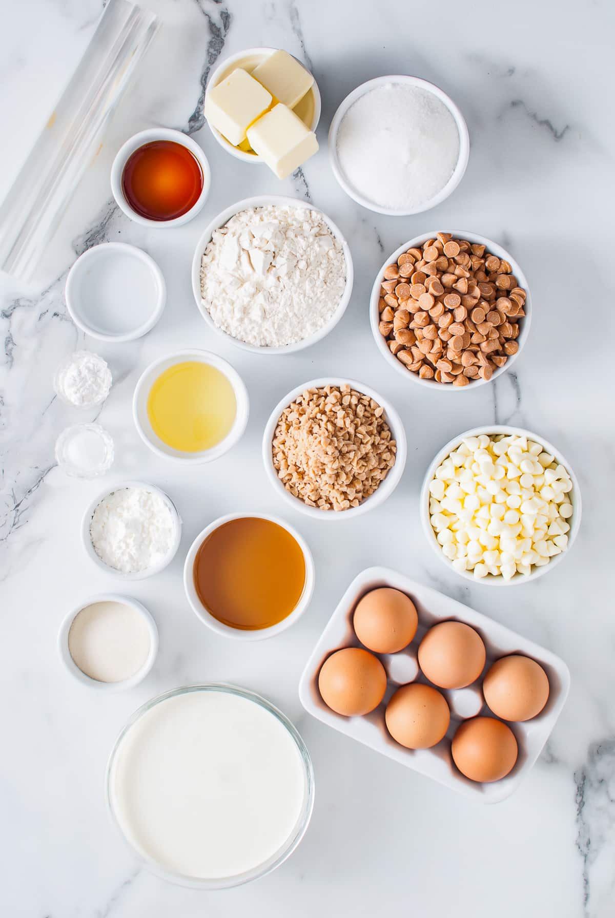 Overhead image of ingredients needed to make white chocolate mousse cake