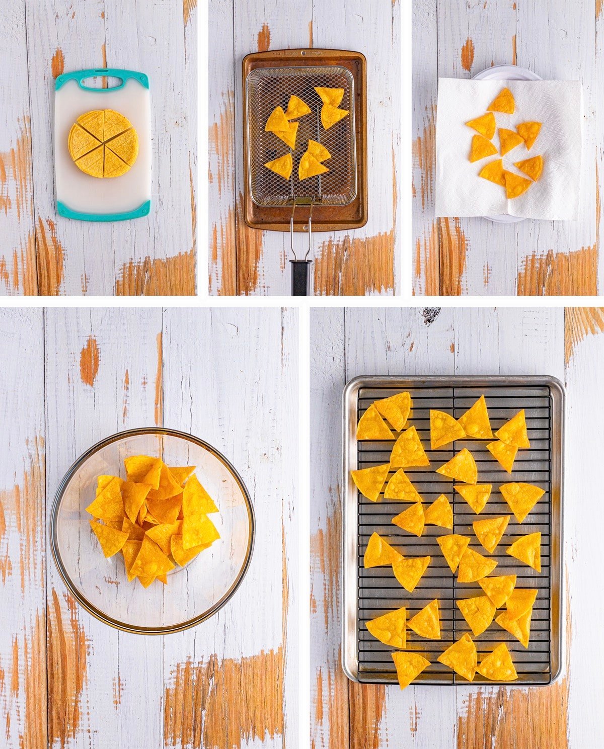 Overhead collage of images showing how to make homemade fried tortilla chips