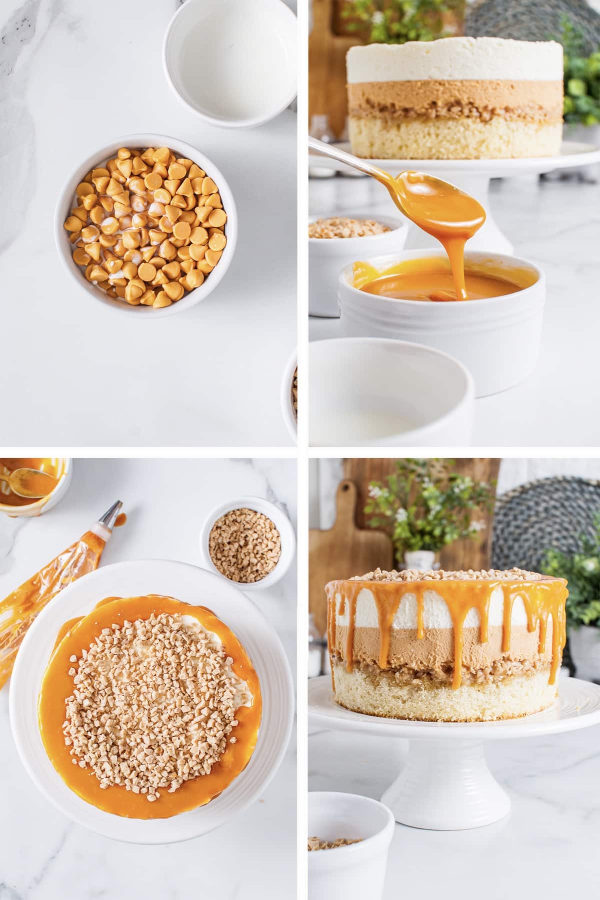 Collage of images showing how to make the butterscotch ganache drip for white chocolate mousse cake