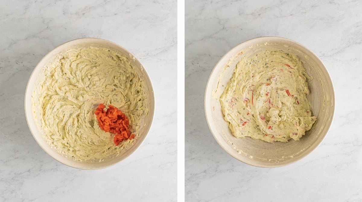 Overhead collage of images showing how to make smoked salmon cream cheese dip on a grey marble table top