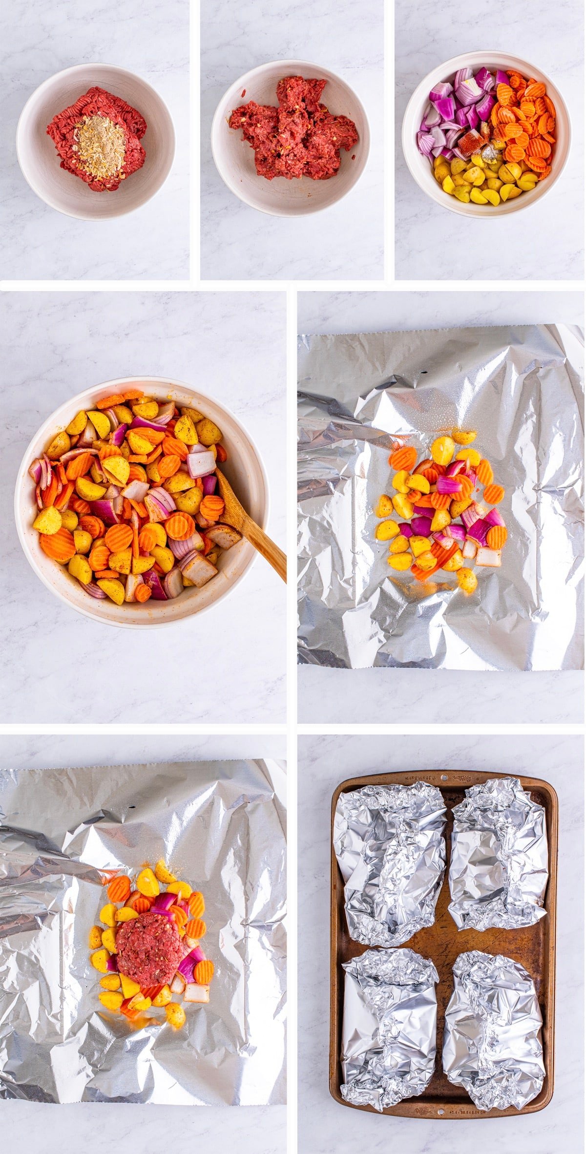 Overhead collage of images showing how to make hamburger dinner foil packets, first steps