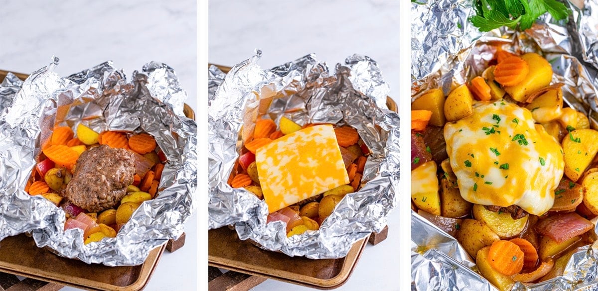 Collage of images showing how to make hamburger dinner foil packets, last steps