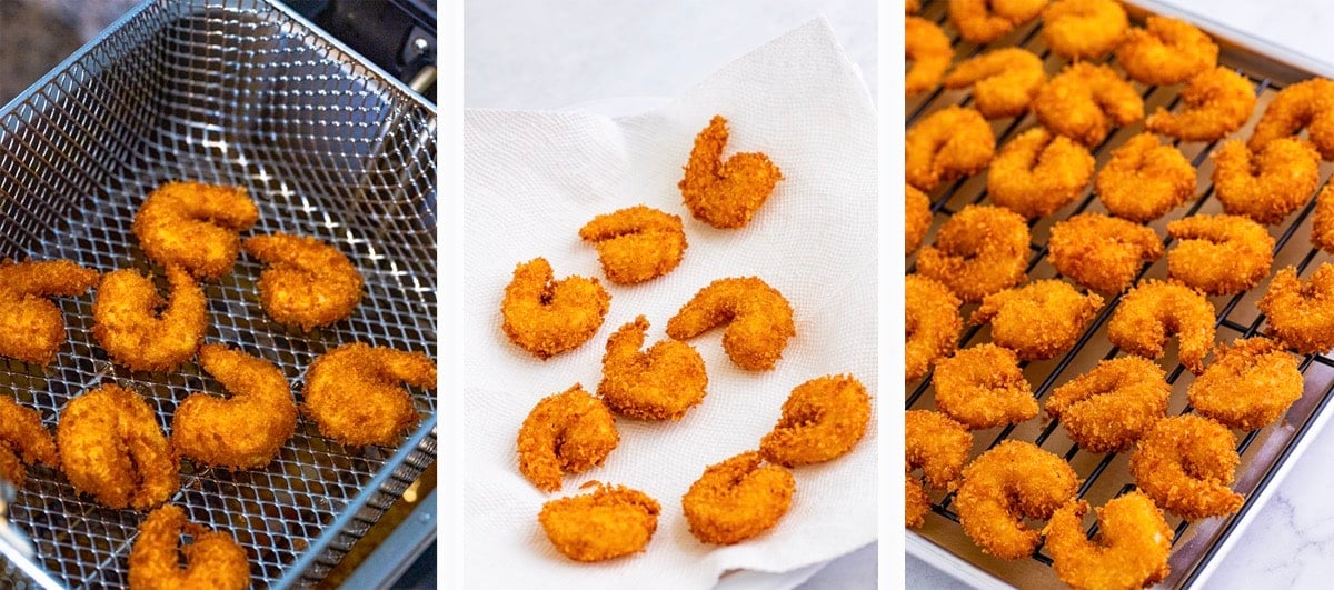 Collage of images showing how to fry panko shrimp recipe