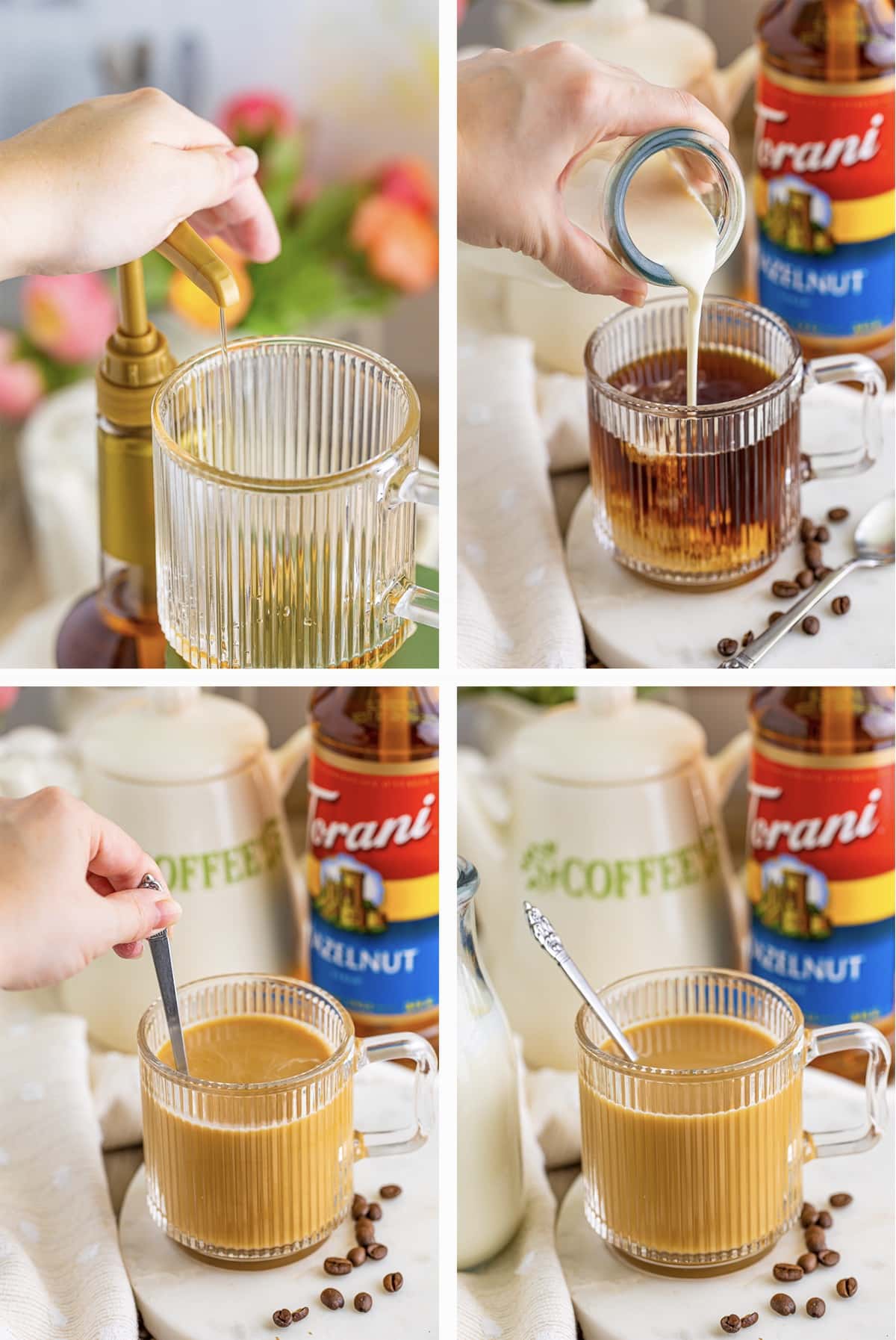 Collage of photos showing how to make hot coffee at home with coffee syrup