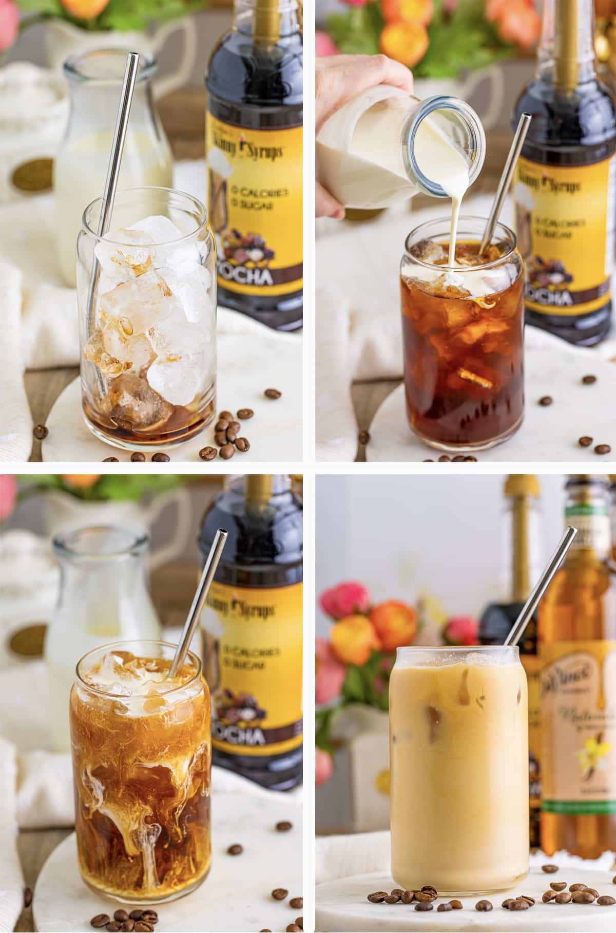 Collage of photos showing how to make iced coffee at home with coffee syrup