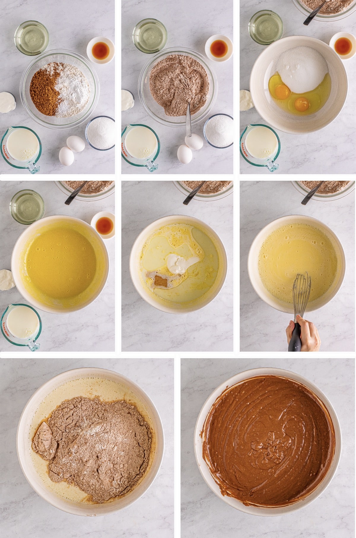 Overhead collage of images showing how to make the batter for nutella muffins on a grey marble table top