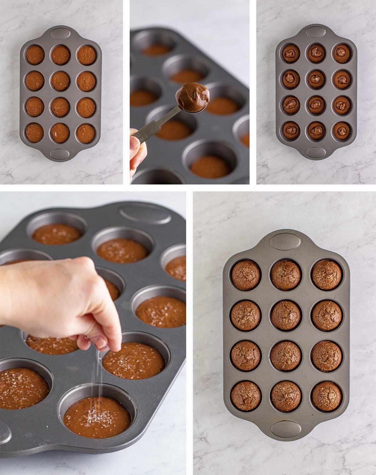 Collage of images showing the final steps for making nutella muffins on a grey marble table top
