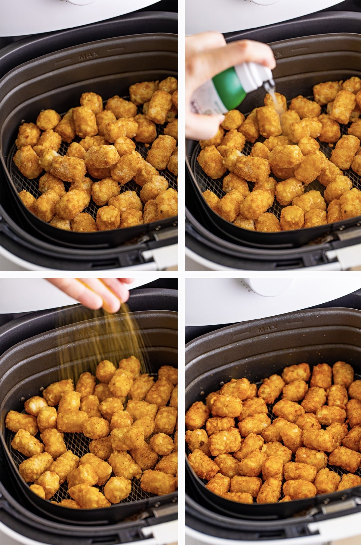 Collage of images showing how to make the best crispy air fryer tater tots
