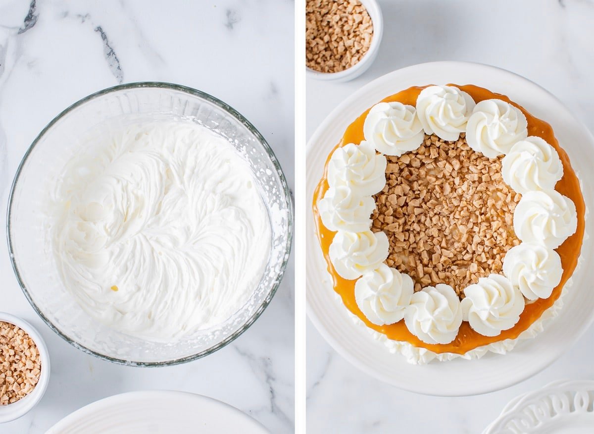 Collage of images showing the whipped cream for white chocolate mousse cake