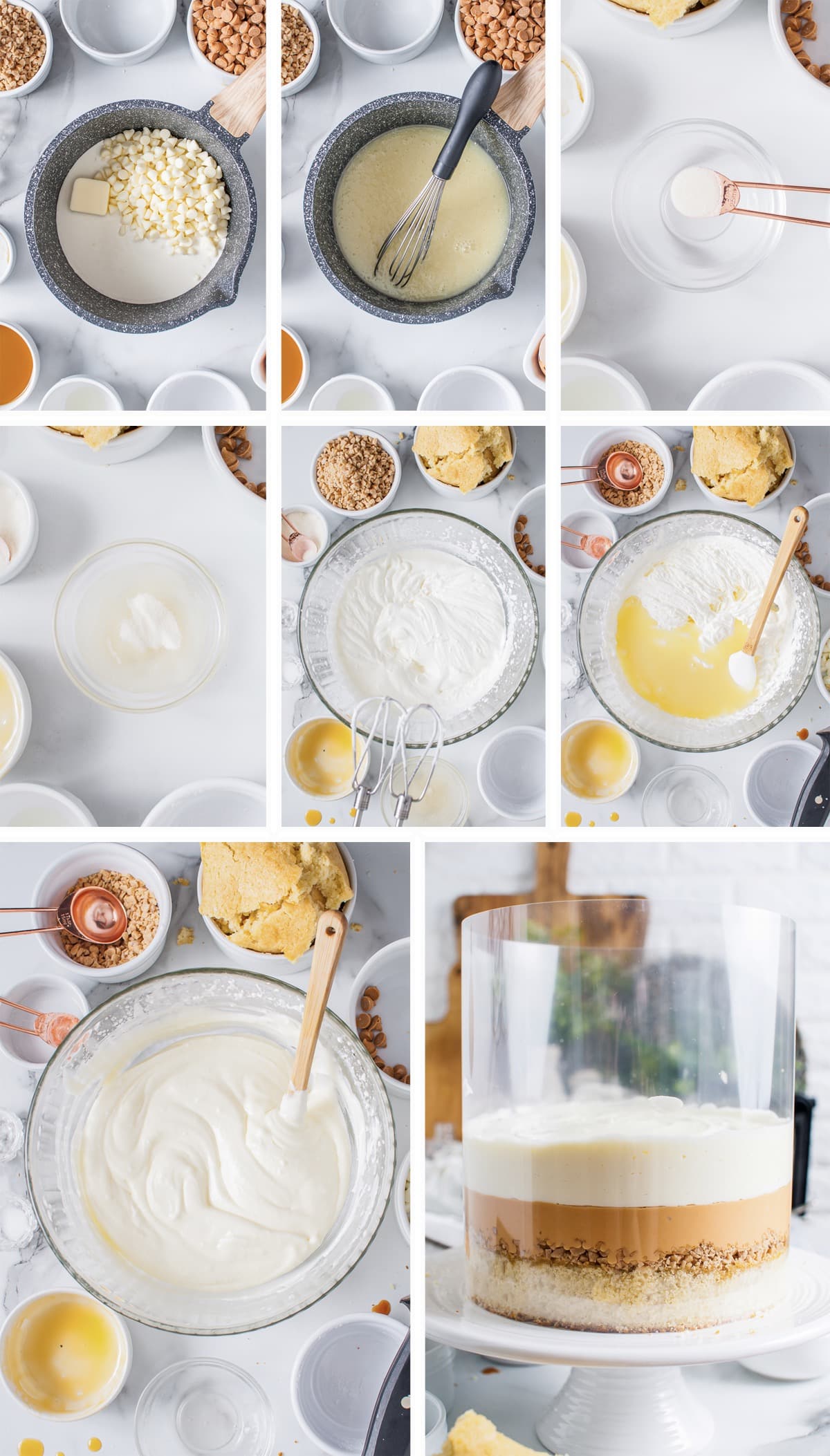 Collage of images showing how to make the white chocolate mousse layer for white chocolate mousse cake