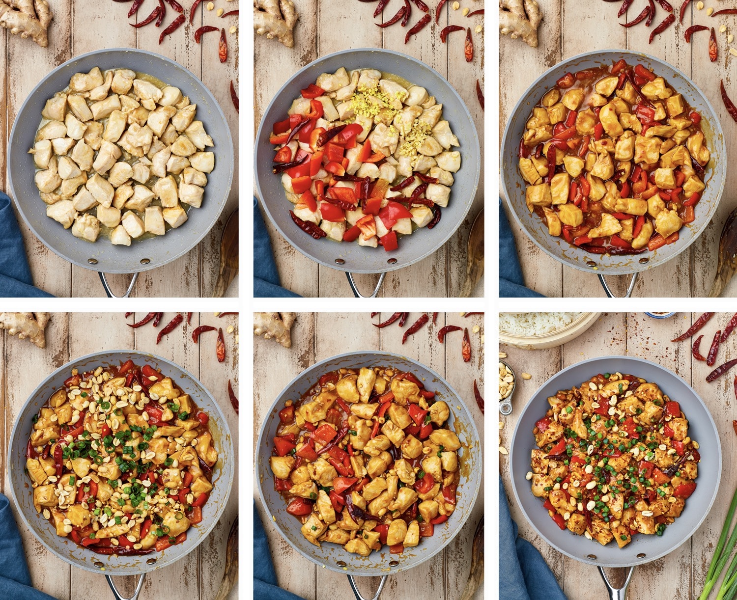 collage of overhead images showing how to make kung pao recipe