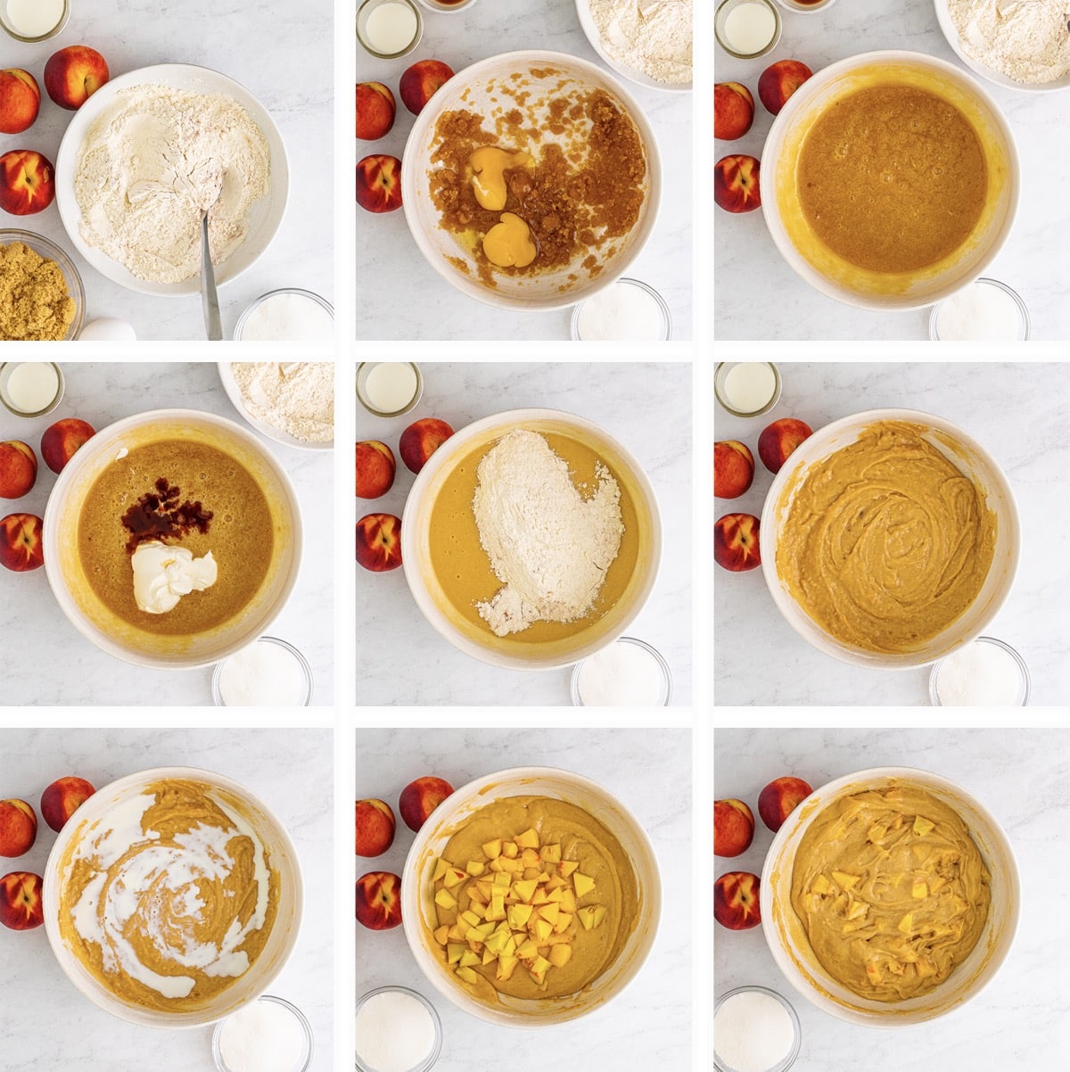 overhead collage of images showing how to make the batter for peach muffins recipe