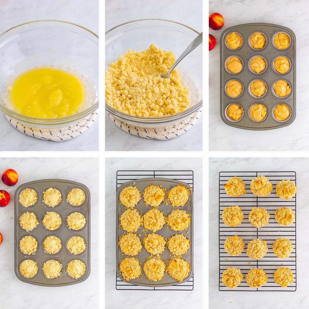 collage of images showing how to make the crumble and final steps of peach muffins recipe