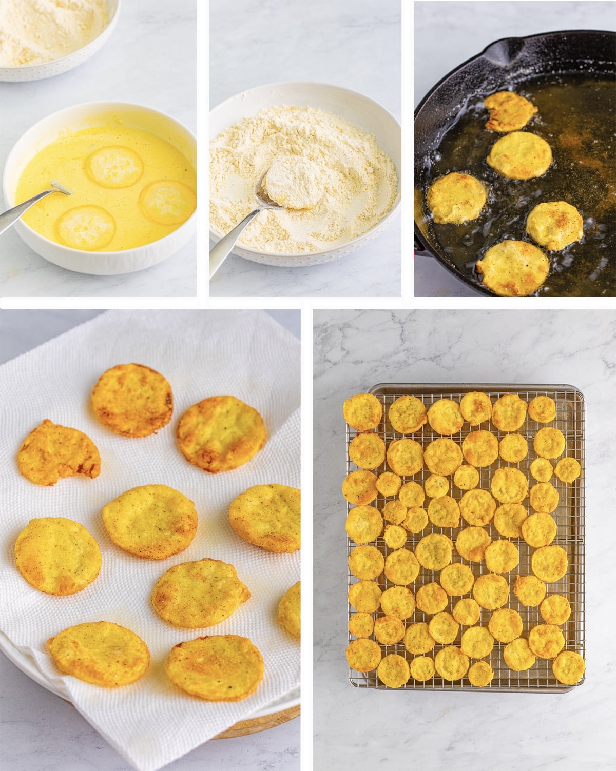 collage of final steps on how to make fried squash