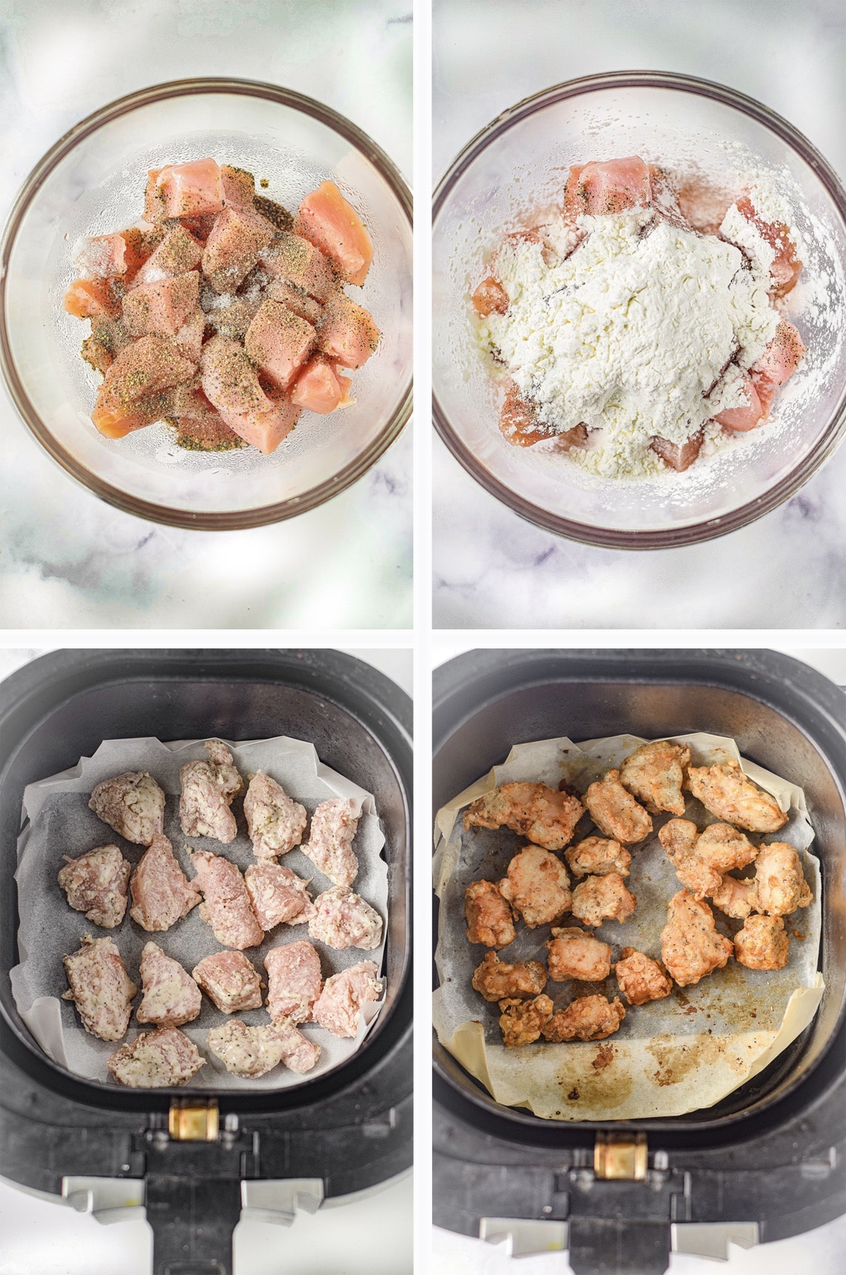 overhead images in a collage of how to make air fryer chicken for ginger chicken