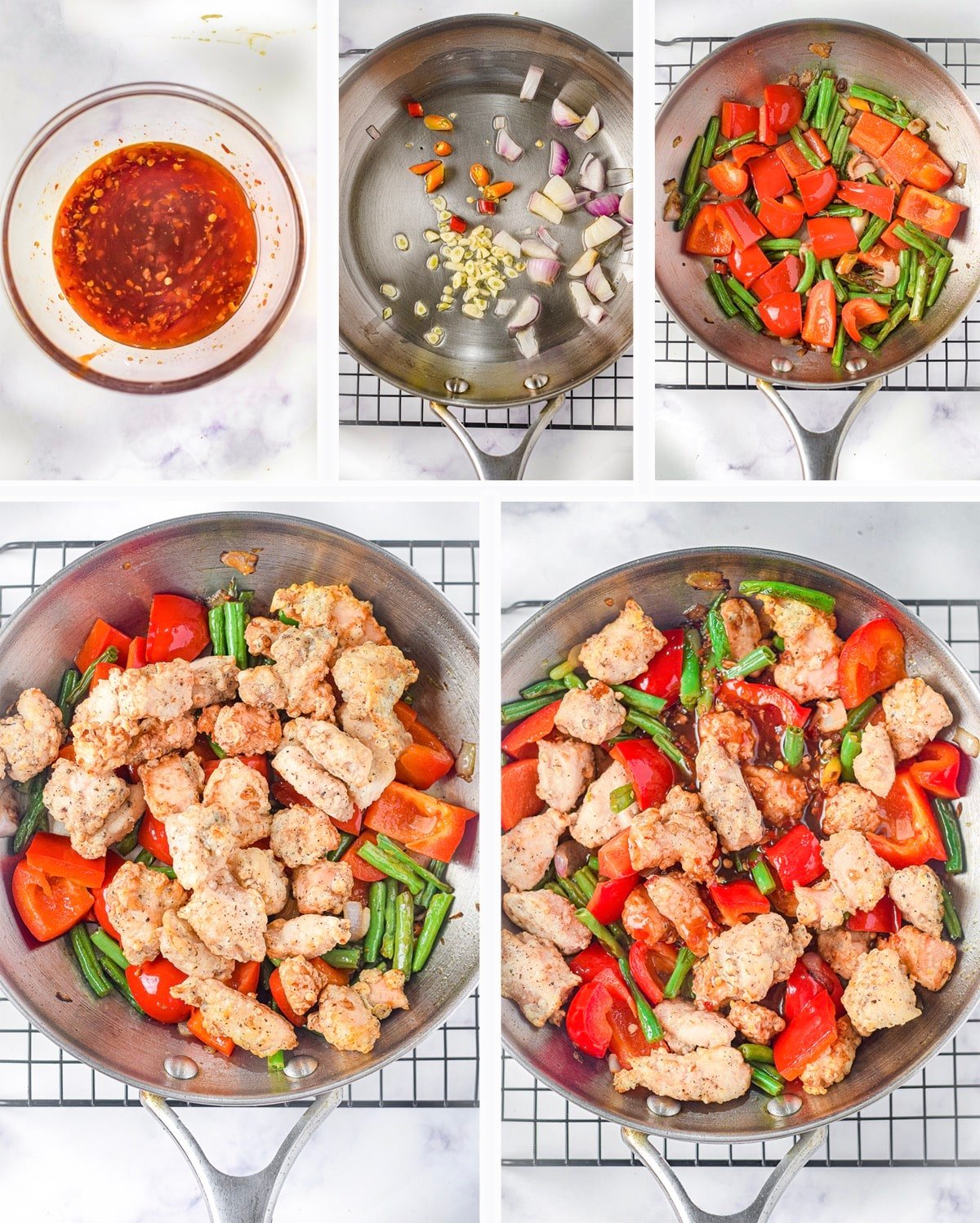 overhead collage of images showing the final steps for making ginger chicken