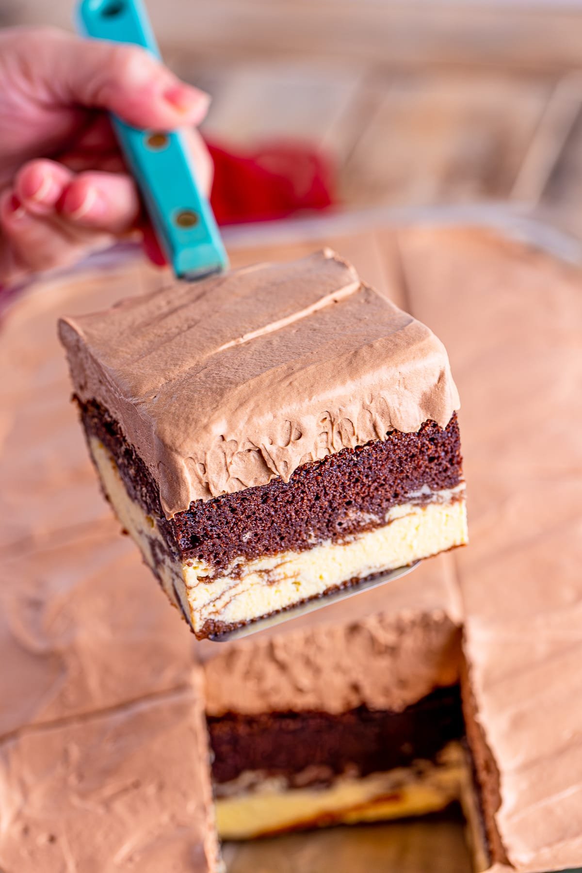 a slice of chocolate italian love cake on a spatula in air