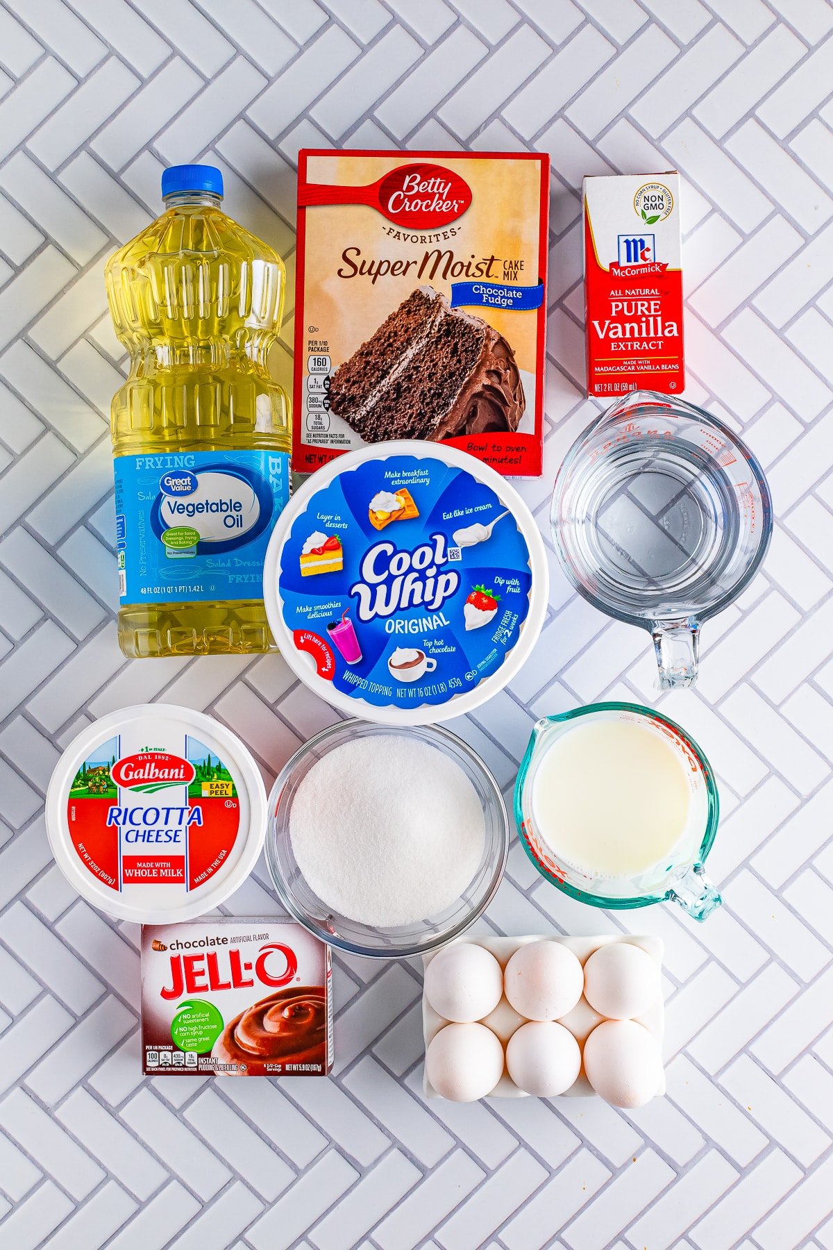 overhead image of ingredients needed to make chocolate italian love cake
