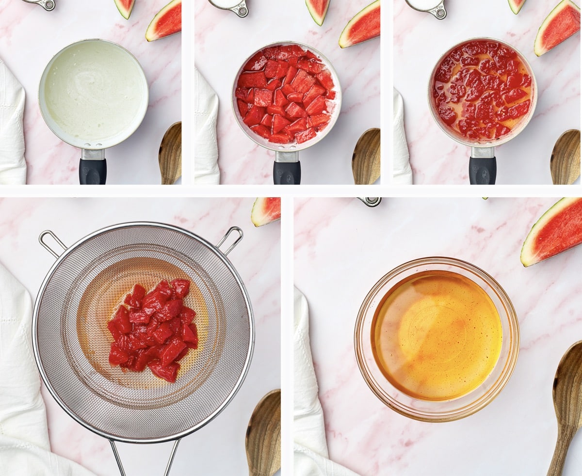 collage of images showing how to make watermelon syrup for melon cocktails