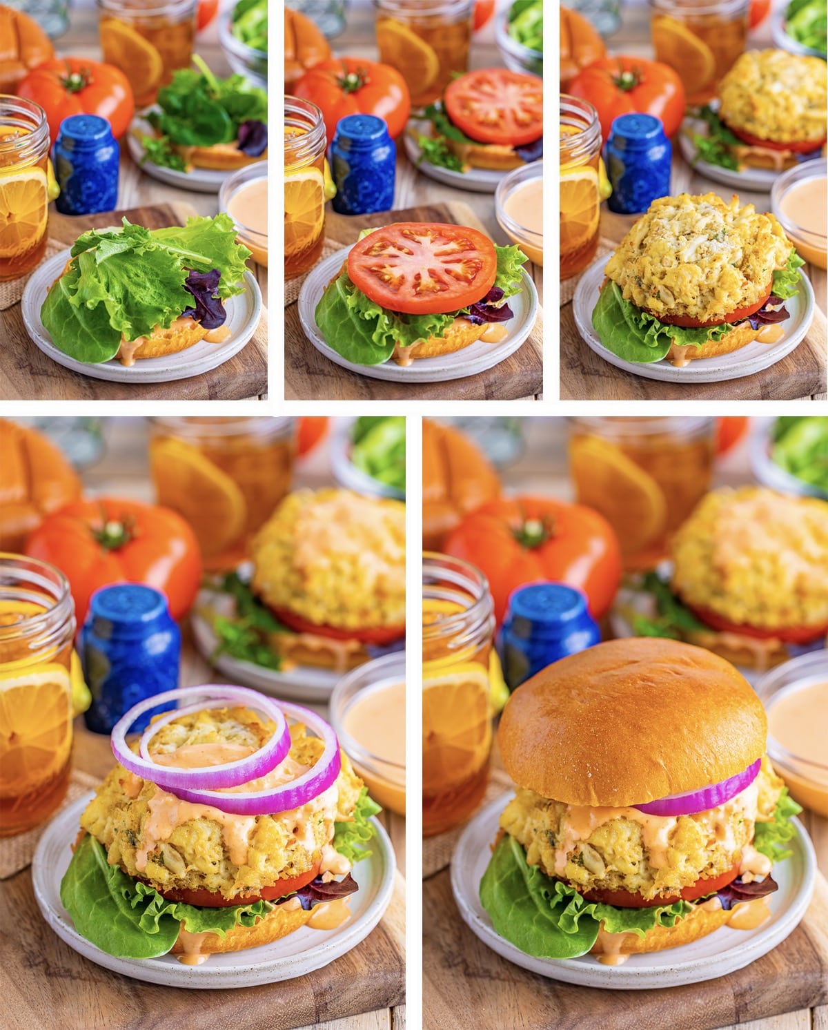 Collage of photos how to assemble lump crab cake sandwich