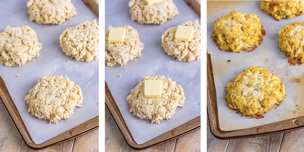 Collage of images showing how to assemble and cook the crab cakes for lump crab cakes sandwich